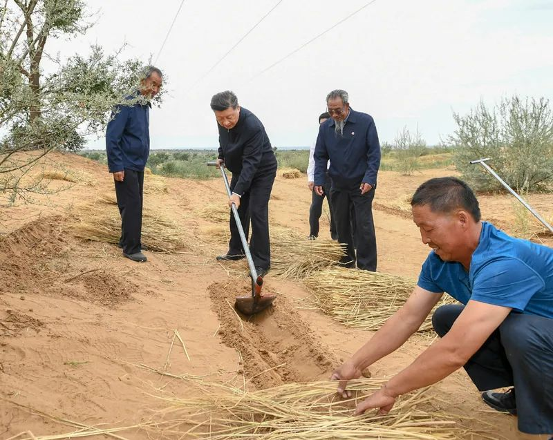 2019年8月21日，習(xí)近平來到甘肅省武威市古浪縣八步沙林場(chǎng)，實(shí)地察看當(dāng)?shù)刂紊吃炝帧⑸鷳B(tài)保護(hù)等情況。新華社記者 謝環(huán)馳 攝